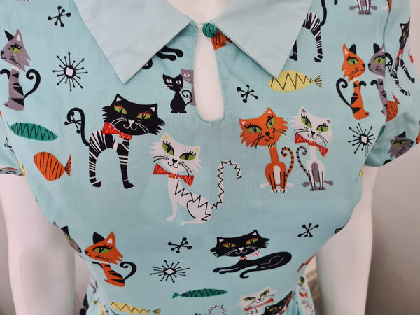 Lindy Bop Helena Green Cats Print Swing Dress - Rare - HerSecretCloset.co.uk