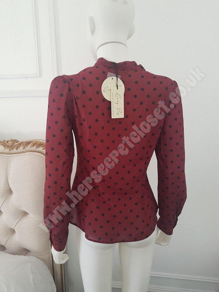 Lindy Bop Fallon Scarlet Polka Dot Red Blouse with Tie Neck - HerSecretCloset.co.uk