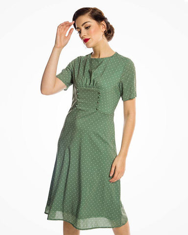 Lindy Bop 1930s Inspired Amelia Jayne Sage Polka Dot Dress - HerSecretCloset.co.uk