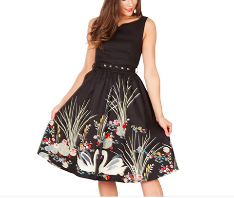 Lindy Bop Delta Black Swan Border Swing Dress