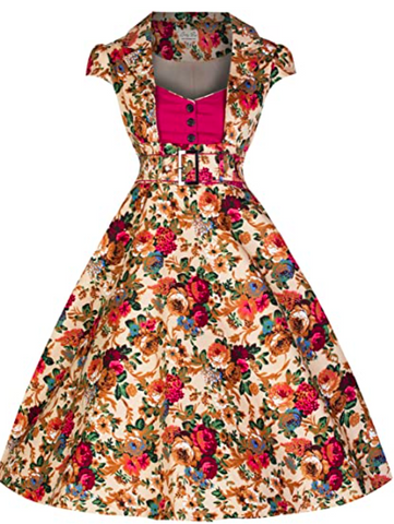 LINDY BOP GENEVA BEIGE/MULTI FLORAL VINTAGE FIT & FLARE  DRESS