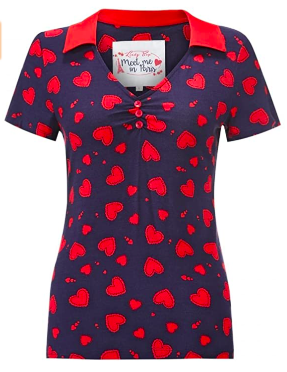 Lindy Bop Brie Navy Scallop Heart Print Jersey Top