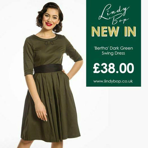 Bertha Mid-Century Vintage Inspired Dark Green Cotton Swing Dress