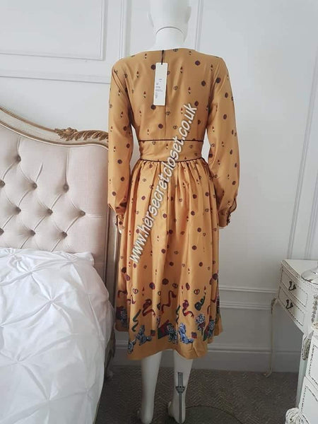 Lindy Bop Kara Mustard Kittens Dress With Inseam Pockets - HerSecretCloset.co.uk