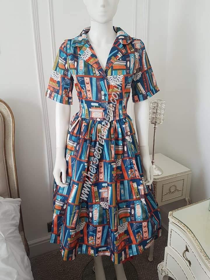 Lindy Bop Bletchley Book Print Turquoise Shirt Swing Dress ...