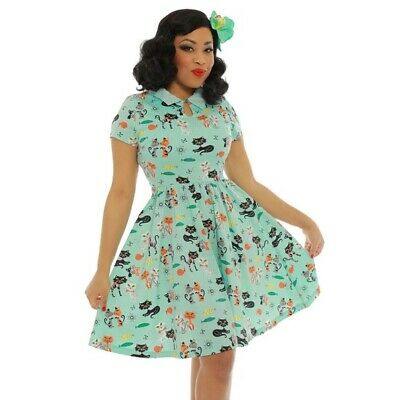 Lindy Bop Helena Green Cats Print Swing Dress Rare HerSecretCloset