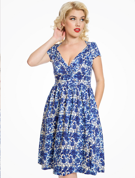 Lindy Bop Magnolia Blue Watercolour Floral Swing Dress - HerSecretCloset.co.uk