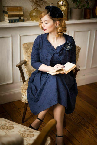 Lindy Bop Marianne Navy Blue Brocade Swing Dress with matching Bolero jacket - HerSecretCloset.co.uk