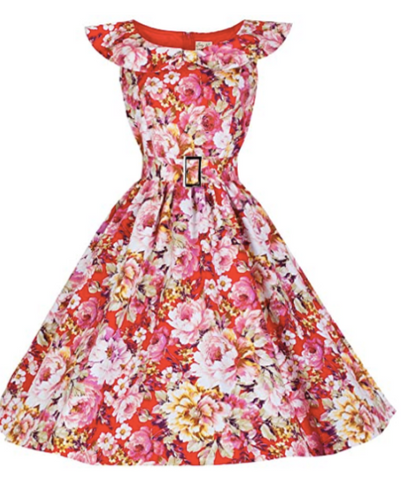 Lindy Bop Petite 'Hetty' Bow Shawl Collar Vintage 50's Red Floral Dress - HerSecretCloset.co.uk