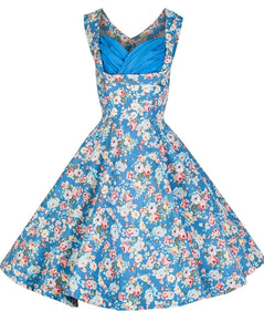 Lindy Bop Ophelia Sky Blue Floral Picnic Dress - HerSecretCloset.co.uk