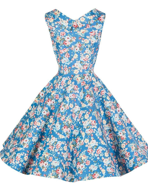 Lindy Bop Ophelia Sky Blue Floral Picnic Dress - HerSecretCloset.co.uk