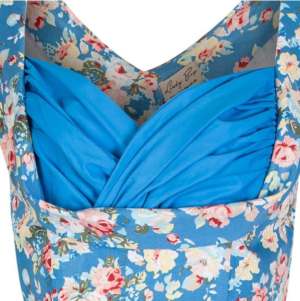 Lindy Bop Ophelia Sky Blue Floral Picnic Dress - HerSecretCloset.co.uk