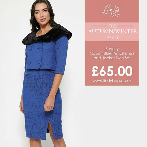 Lindy Bop Beverley Cobalt Pencil dress and Jacket - Fur can be detached. - HerSecretCloset.co.uk